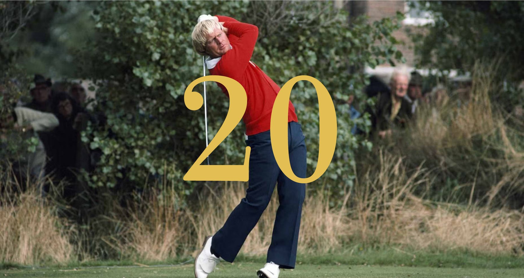 Jack in a red cardigan at the top of his follow-through, the gold numeral 20 overlaid.