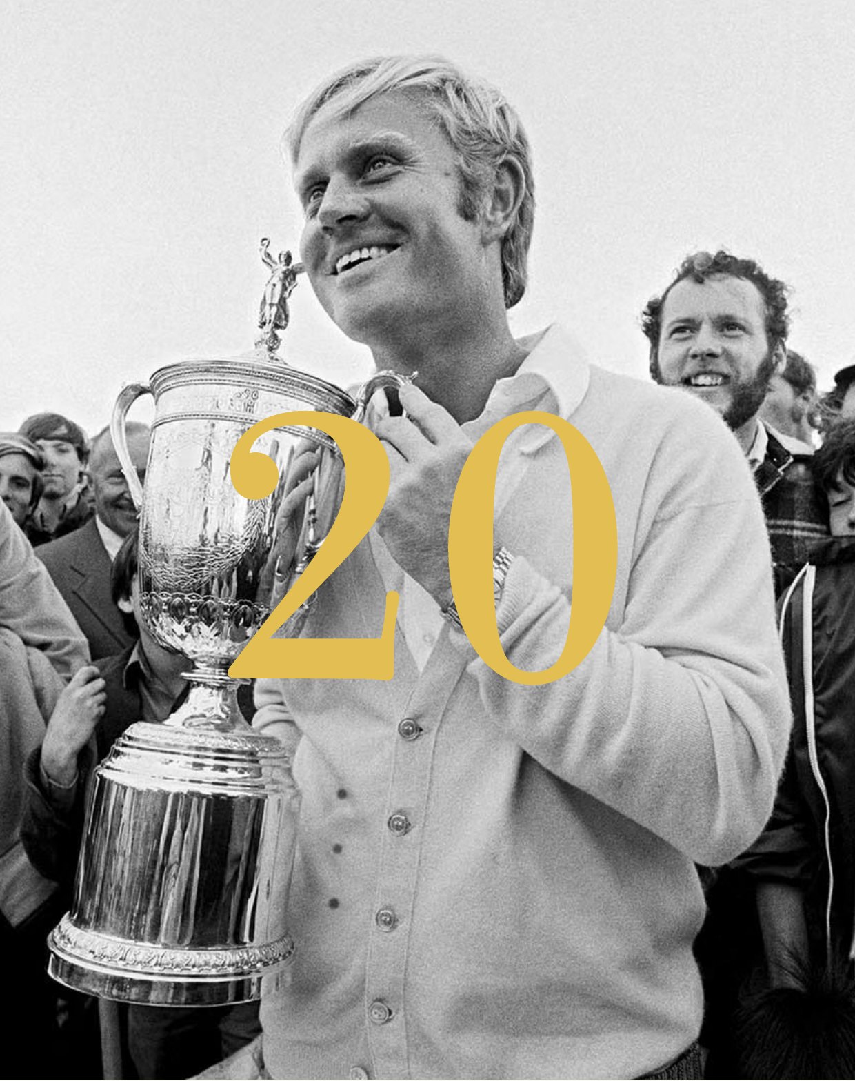 Jack holding the US Open trophy in a white cardigan, the gold numeral 20 overlaid.