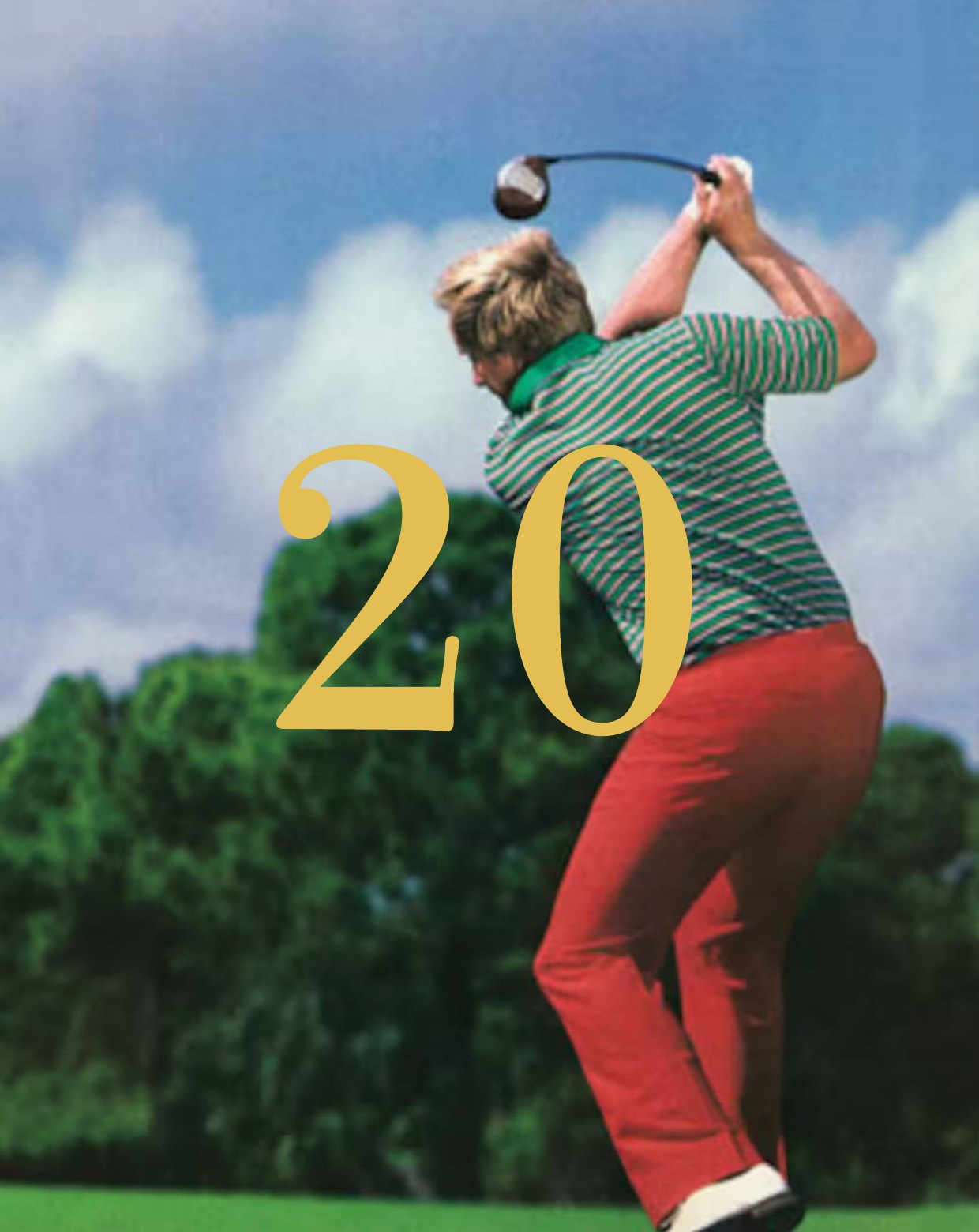A young Jack mid-swing in a green striped shirt and red trousers, the gold numeral 20 overlaid.