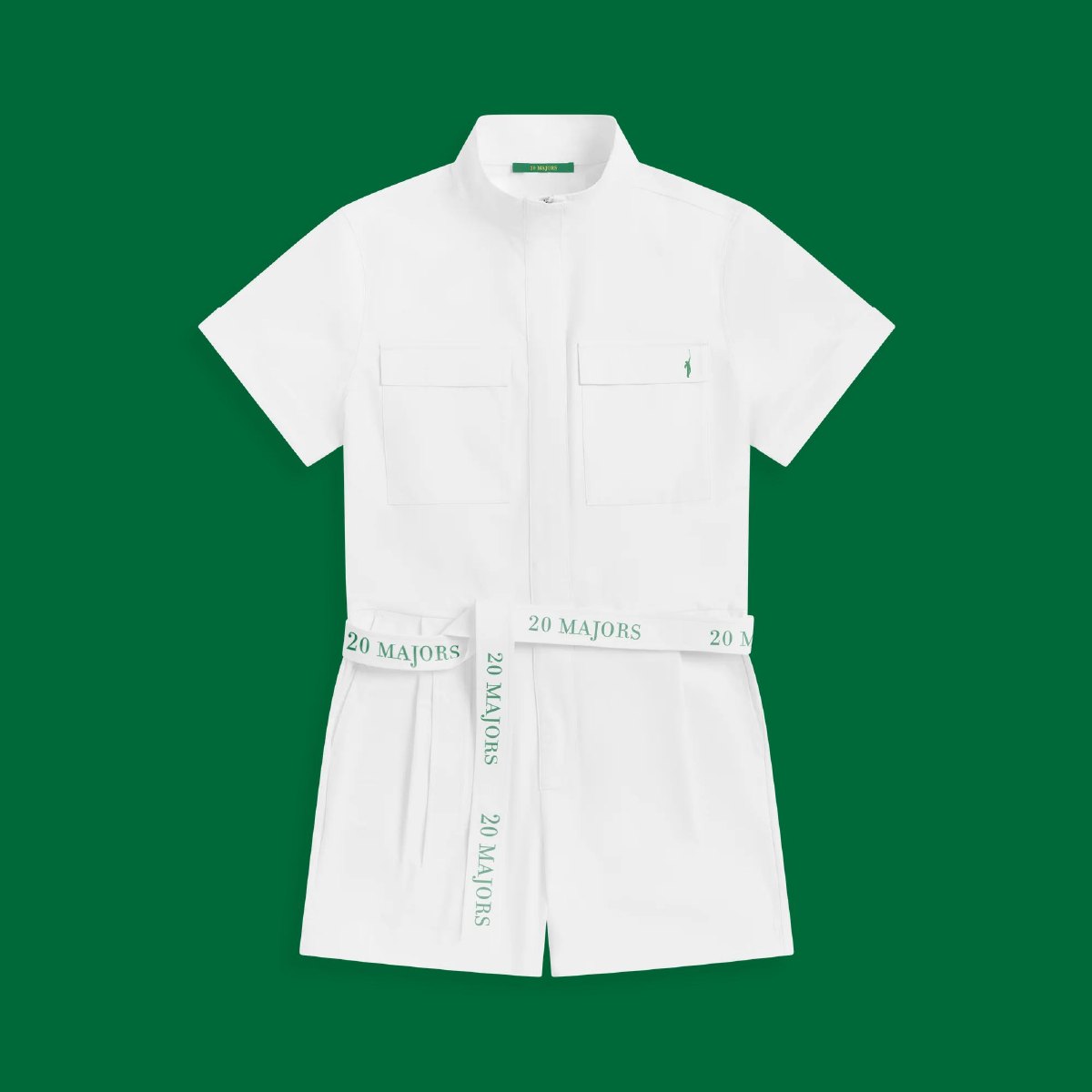 The caddie suit laid flat on a green ground, 20 Majors jacquard belt across the waist.