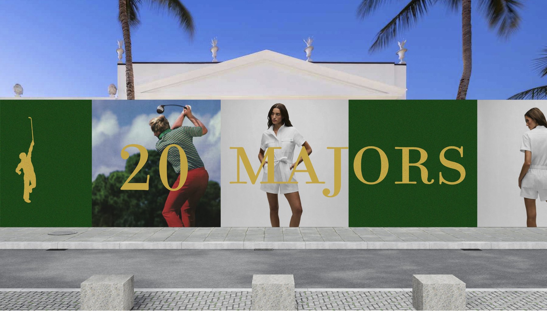 A 20 Majors hoarding wrapping a city block, alternating green panels and campaign imagery beneath the 20 Majors name.