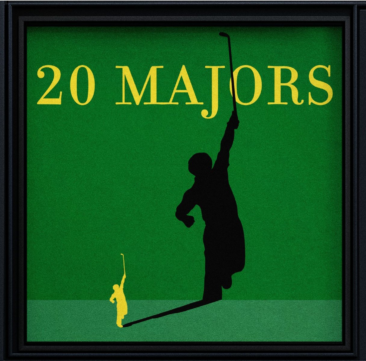 An oversized framed 20 Majors artwork, green ground with the golfer silhouette cast as landscape architecture.