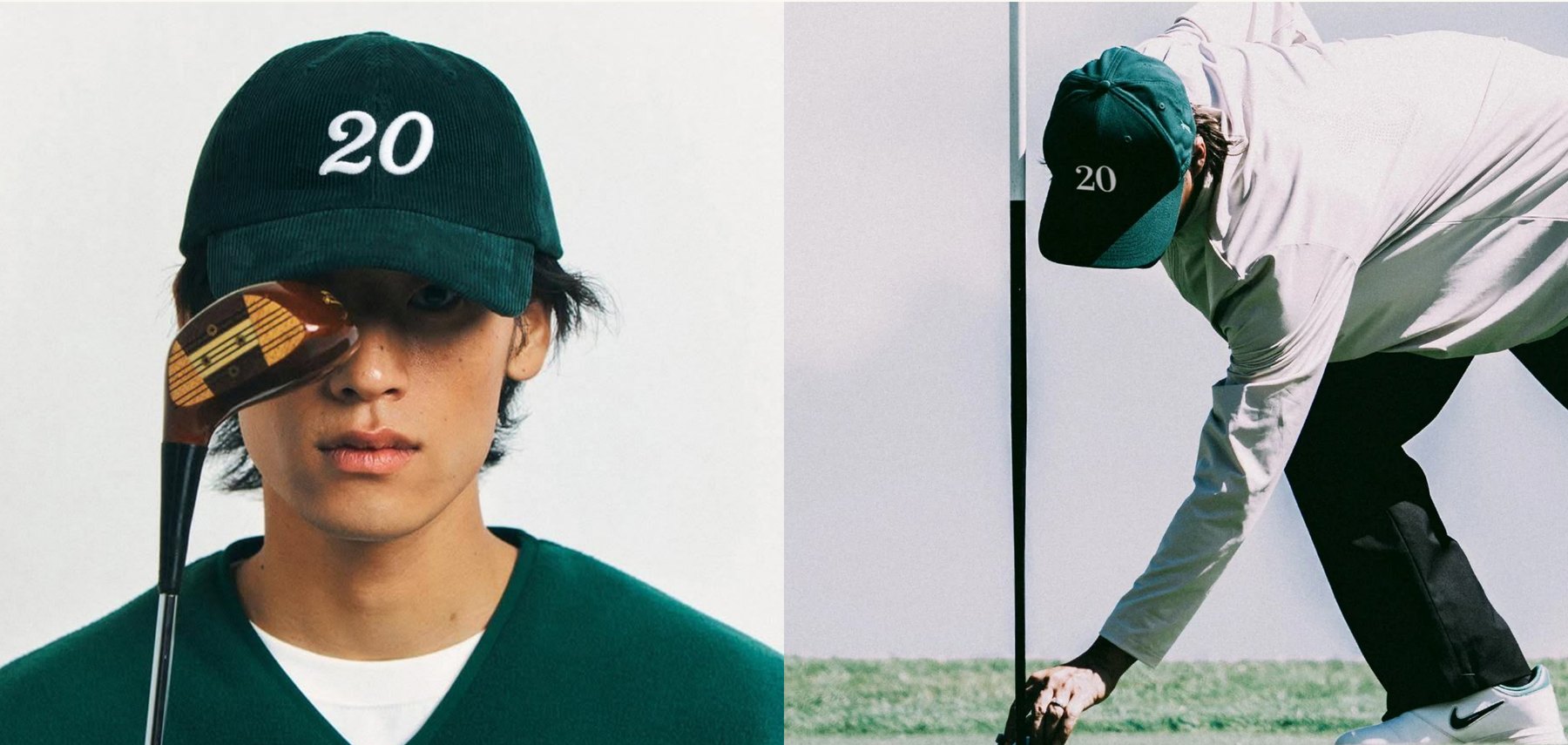 Two views of the corduroy 20 cap, a studio portrait and an on-course moment at the flagstick.