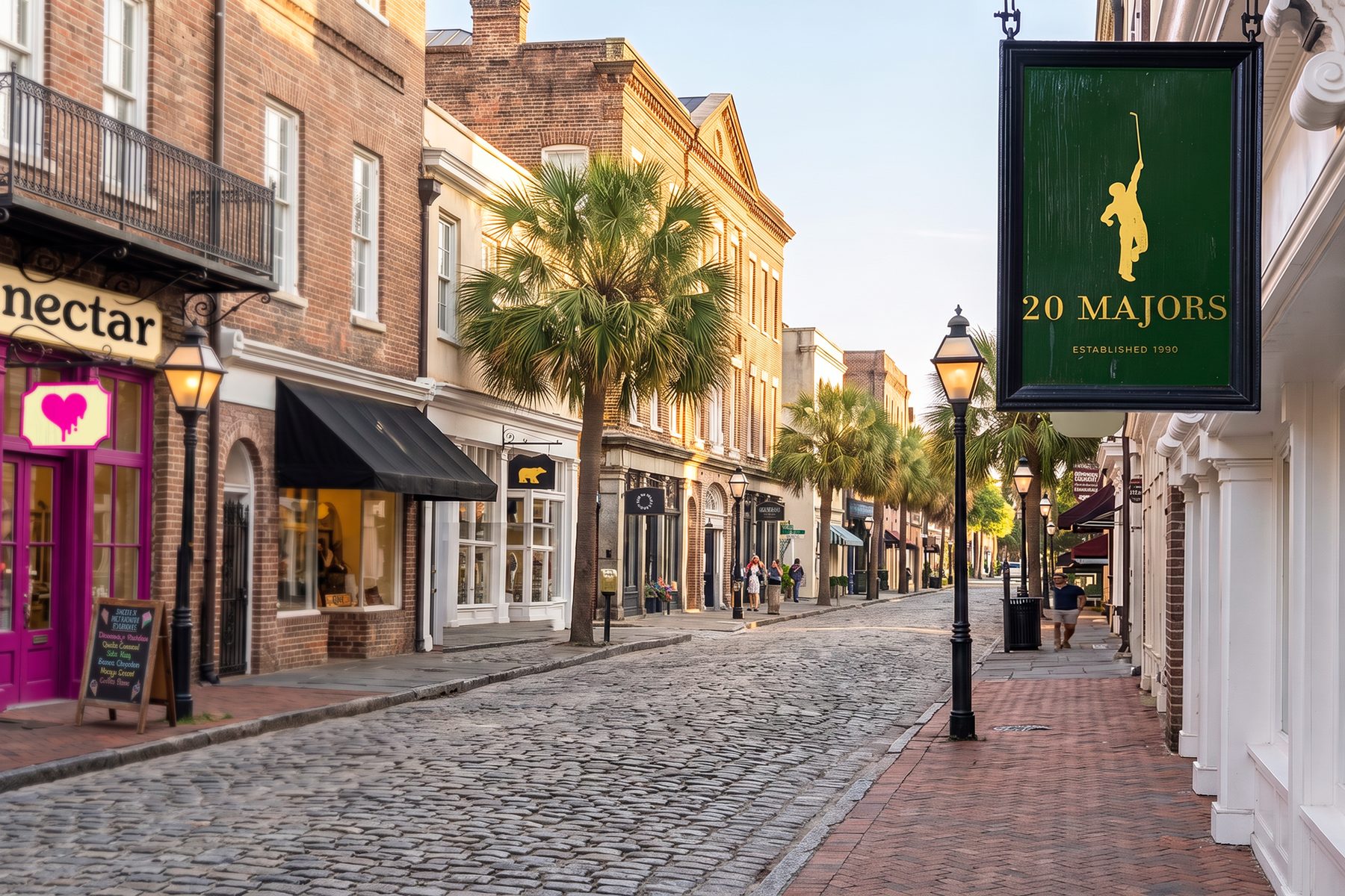 A hand-painted 20 Majors hanging sign, gold golfer silhouette and name on a deep green ground, above a historic cobblestone shopping street.