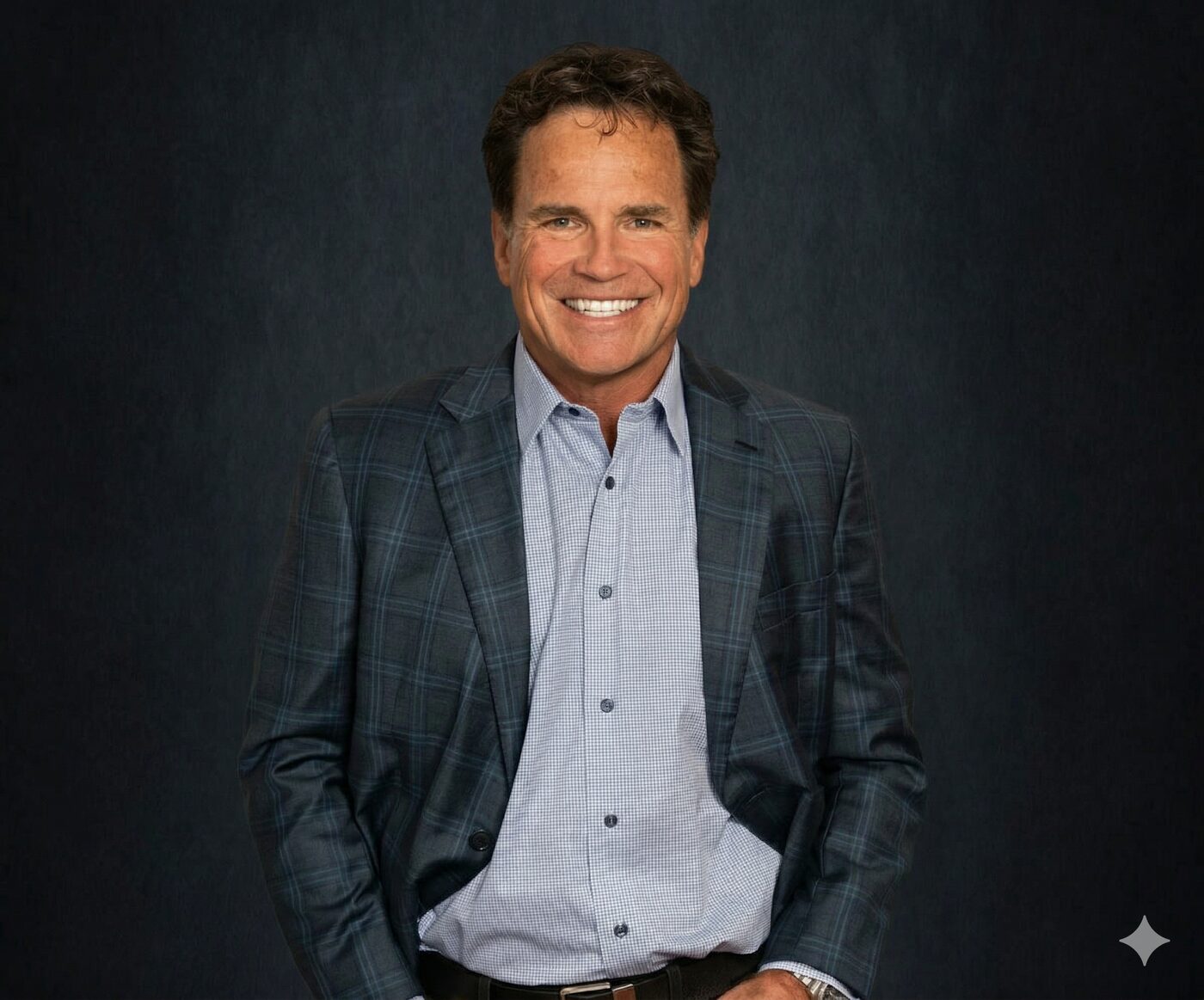 Rory Brown in a checked jacket against a dark studio backdrop.
