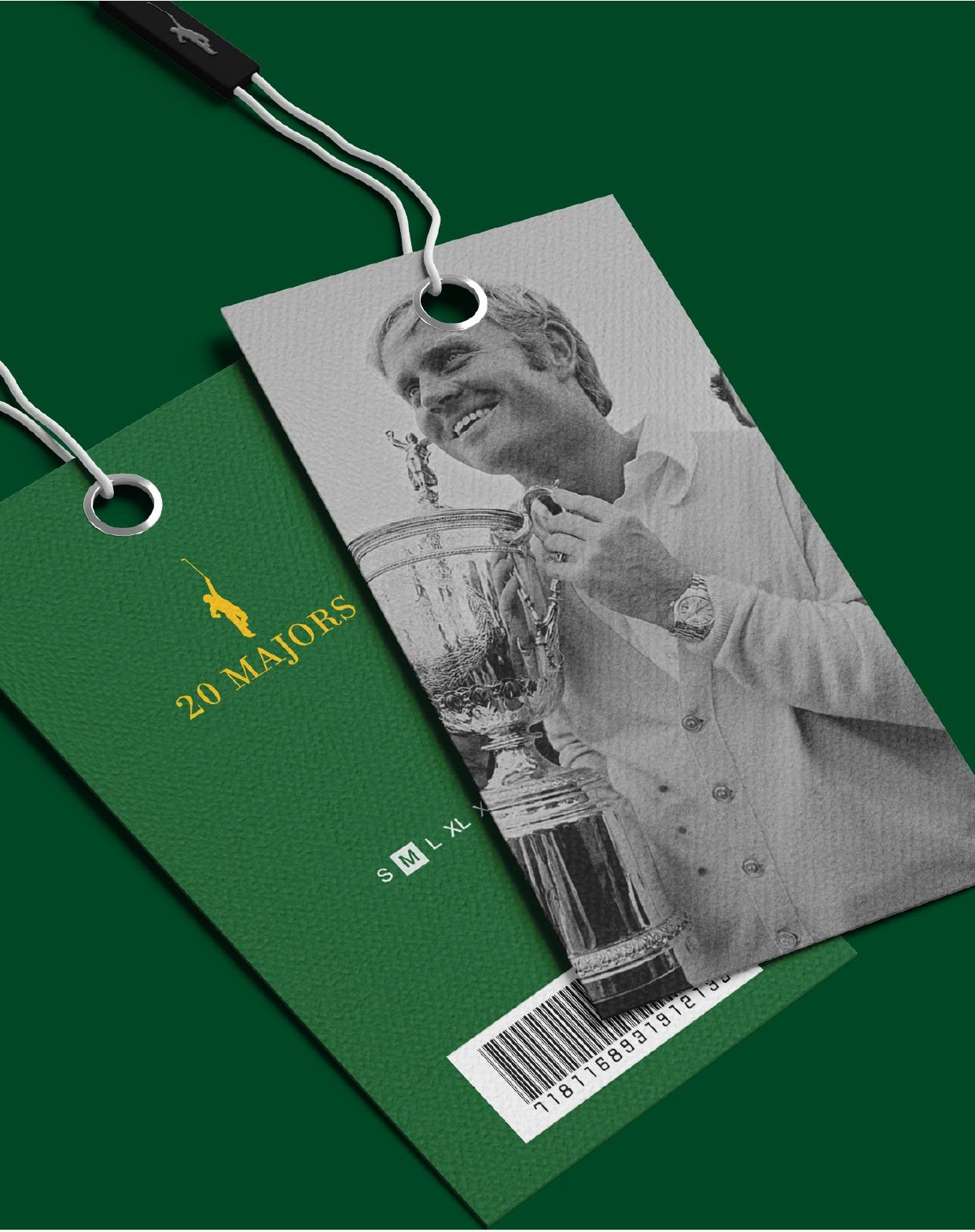 Green swing tags with the gold golfer silhouette and an archive trophy photograph.