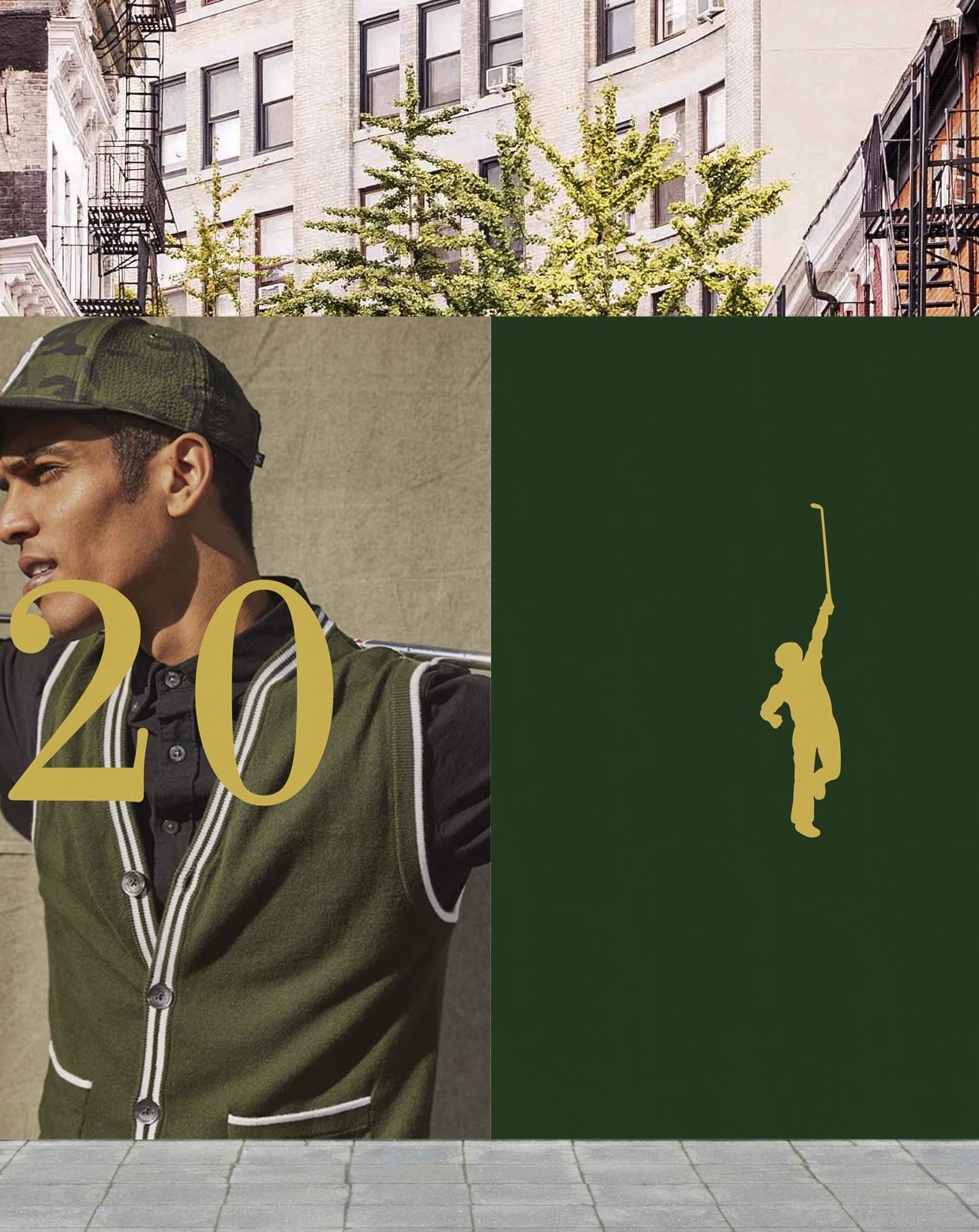 Campaign panels layered on a street wall, olive imagery beside a green panel carrying the gold silhouette.