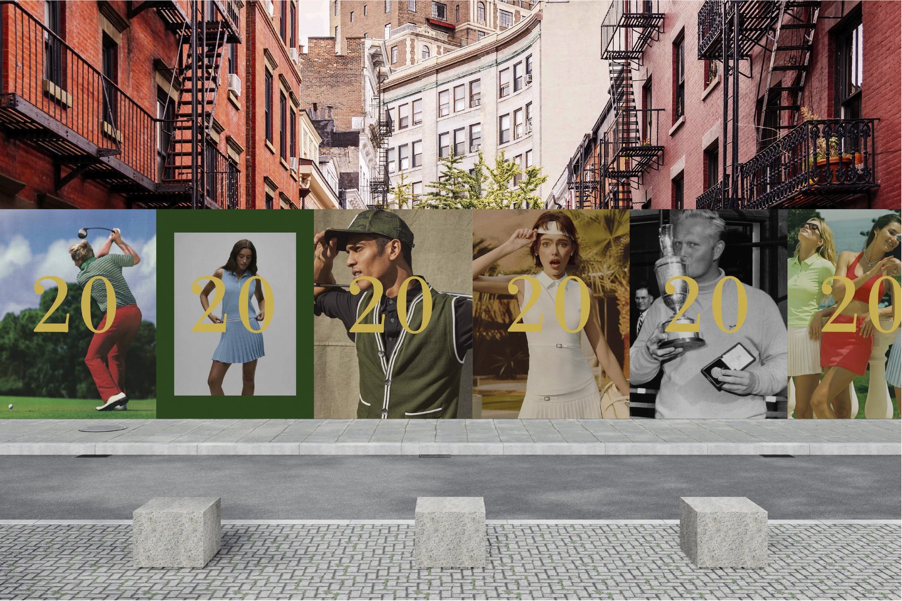 A city block wrapped in 20 Majors campaign panels, each carrying the gold numeral 20.